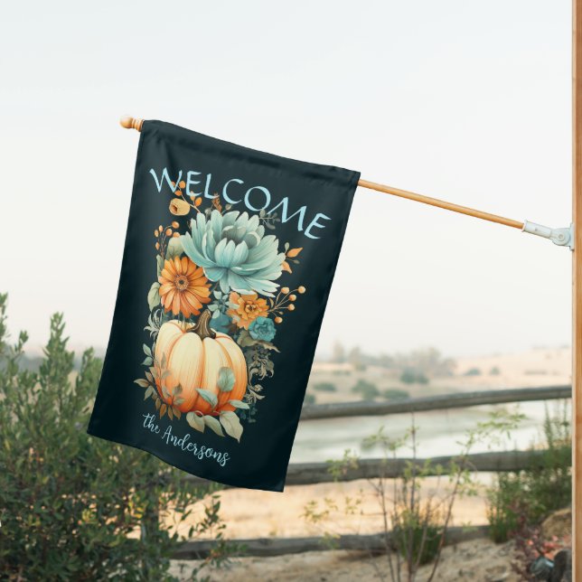 Autumn Fall Boho Pumpkin Thanksgiving Welcome House Flag (Insitu (Back))