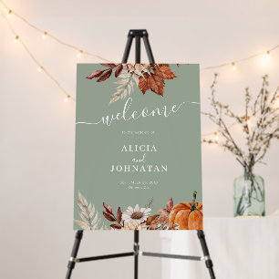 Autumn fall boho sage green wedding welcome sign