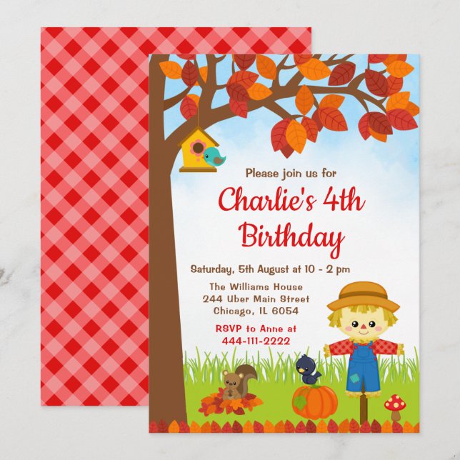 Autumn Fall Boy Scarecrow Birthday Invitation (Front/Back)