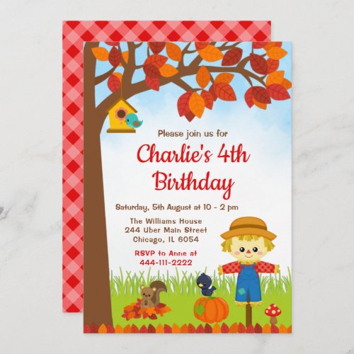 Autumn Fall Boy Scarecrow Birthday Invitation