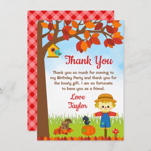Autumn Fall Boy Scarecrow Birthday Thank You Card
