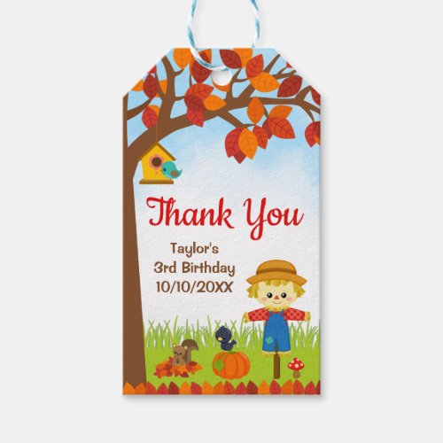 Autumn Fall Boy Scarecrow Birthday Thank You Gift Tags