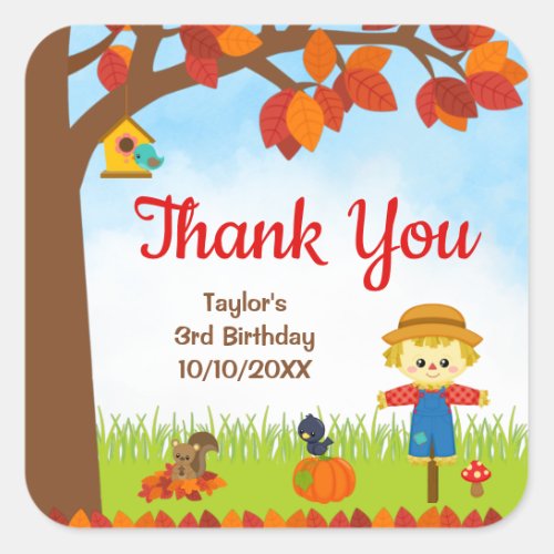 Autumn Fall Boy Scarecrow Birthday Thank You Square Sticker