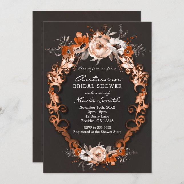 Autumn Fall Bridal Shower Orange Floral Flowers Invitation (Front/Back)