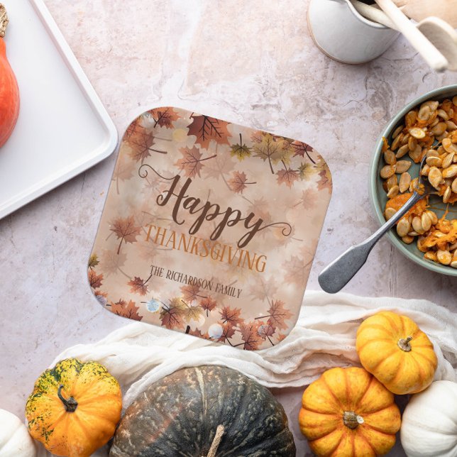 Autumn Fall Brown Leaves Happy Thanksgiving Paper Plates (Creator Uploaded)