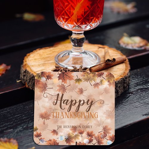 Autumn Fall Brown Leaves Happy Thanksgiving Square Paper Coaster