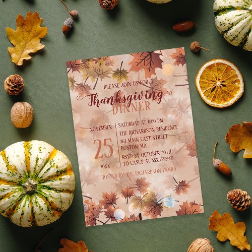 Autumn Fall Brown Leaves Thanksgiving Dinner Invitation