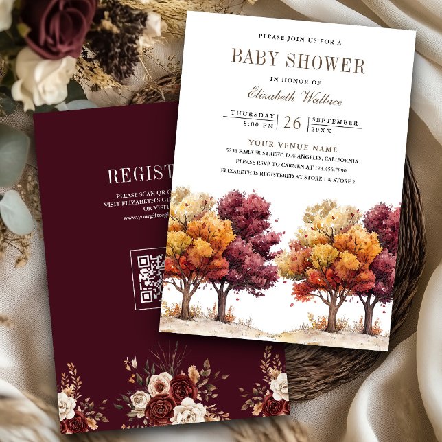 Autumn Fall Burgundy Trees QR Code Baby Shower Invitation (Creator Uploaded)
