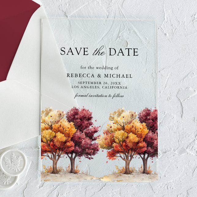 Autumn Fall Burgundy Trees Wedding Save the Date (Creator Uploaded)