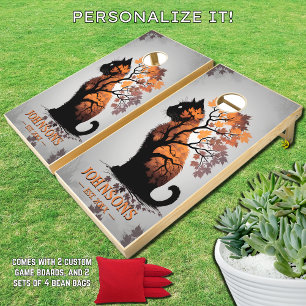 Autumn Fall Cat Silhouette Family Name Est Cornhole Set