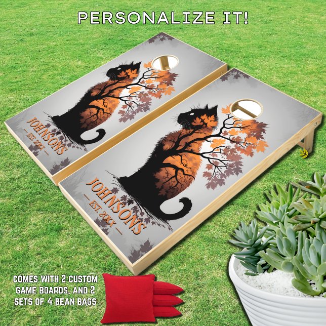 Autumn Fall Cat Silhouette Family Name Est Cornhole Set (Creator Uploaded)