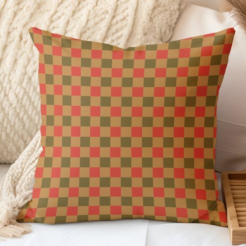 Autumn Fall Checker Pattern Brown Red Gold Yellow Throw Pillow