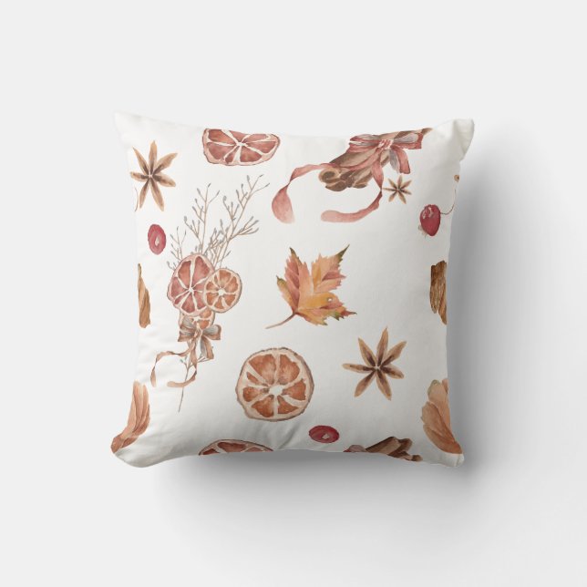 Autumn Fall Citrus Star Anise Cinnamon Watercolor Throw Pillow (Front)