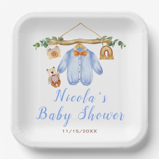 Autumn Fall Clothes Line Boy Baby Shower Paper Plates (Front)