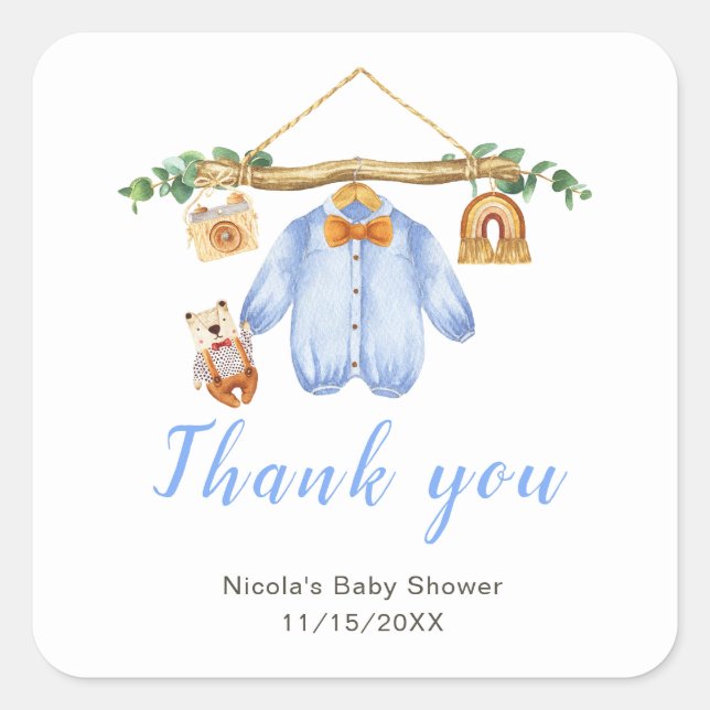 Autumn Fall Clothes Line Boy Baby Shower Square Sticker (Front)