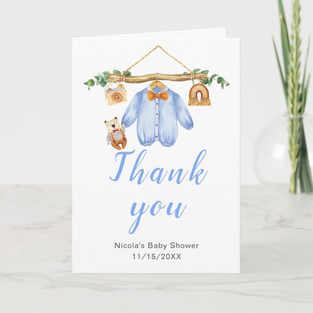 Autumn Fall Clothes Line Boy Baby Shower Thank You Card (Front)