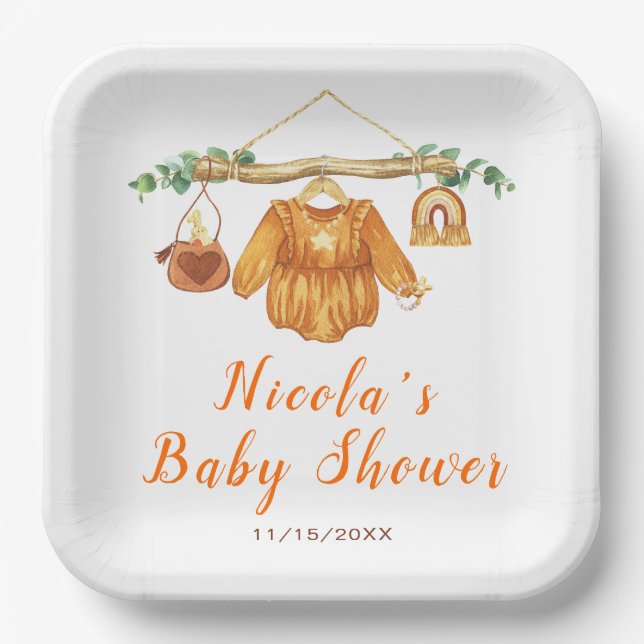 Autumn Fall Clothes Line Girl Baby Shower Paper Plates (Front)