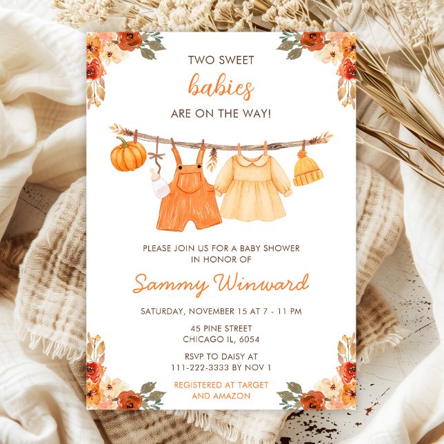 Autumn Fall Clothes Line Twins Baby Shower Invitation (Creator Uploaded)