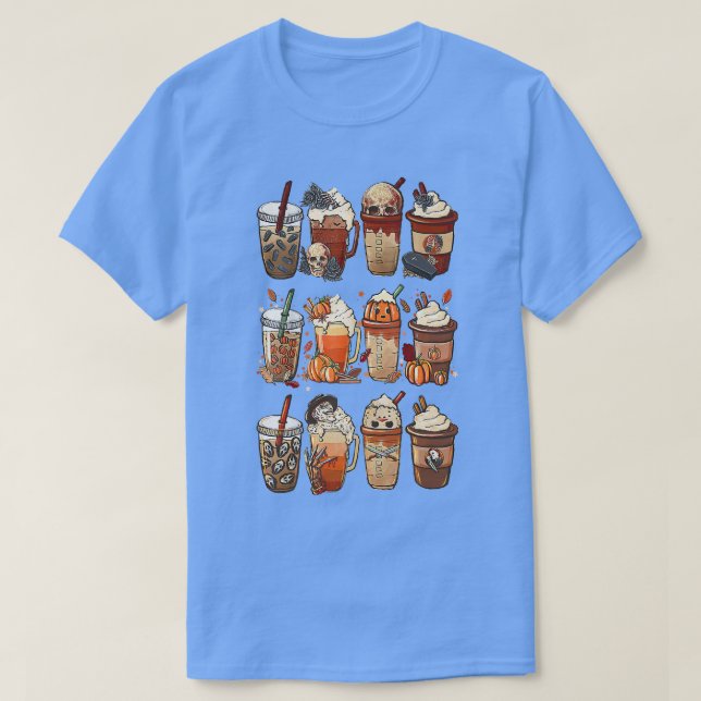 Autumn Fall Coffee Latte Cups Horrors & Ghost Hall T-Shirt (Design Front)