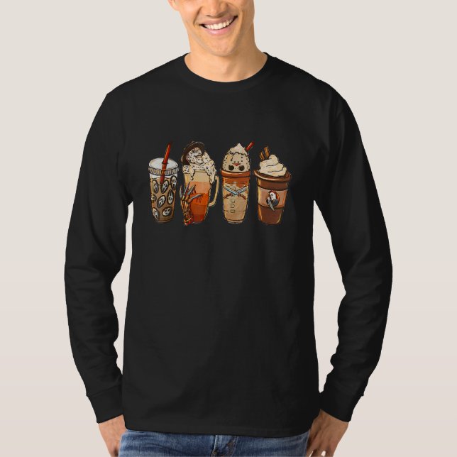 Autumn Fall Coffee Latte Cups Horrors & Ghost Hall T-Shirt (Front)