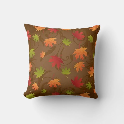 Autumn Fall Color Leaves on Brown Background Throw Pillow