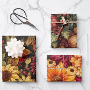 AUTUMN FALL COLORED LEAVES FLOWERS PUMPKINS WRAPPING PAPER SHEETS