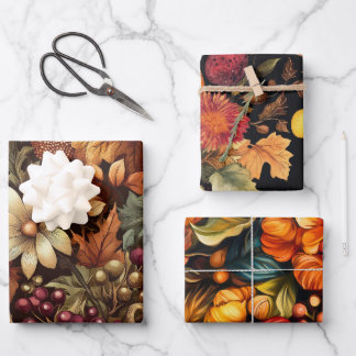 AUTUMN FALL COLORED LEAVES FLOWERS PUMPKINS WRAPPING PAPER SHEETS