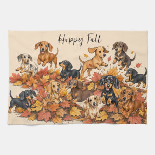Autumn Fall Dachshund Puppies Kitchen Towel