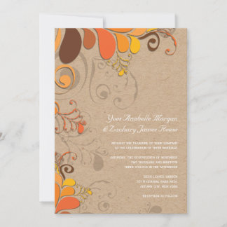Autumn Fall Deco Floral Swirls Kraft Paper Wedding Invitation