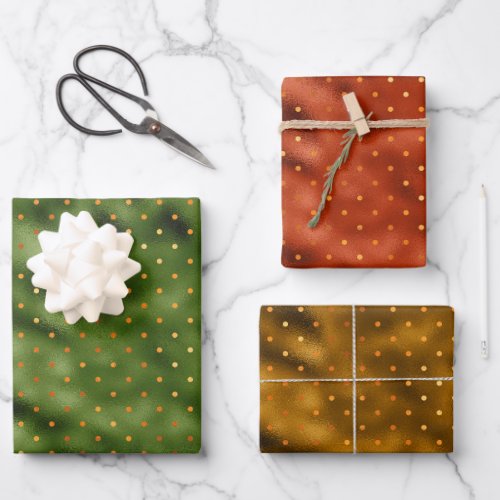 Autumn Fall Dots on Green Gold and Copper Wrapping Paper Sheets