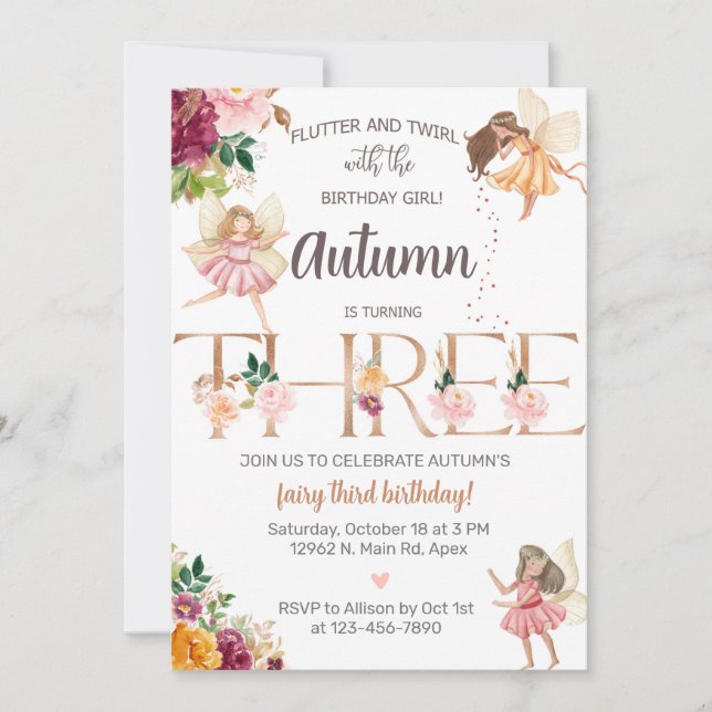 Autumn fall fairy girl third birthday invite. invitation (Front)
