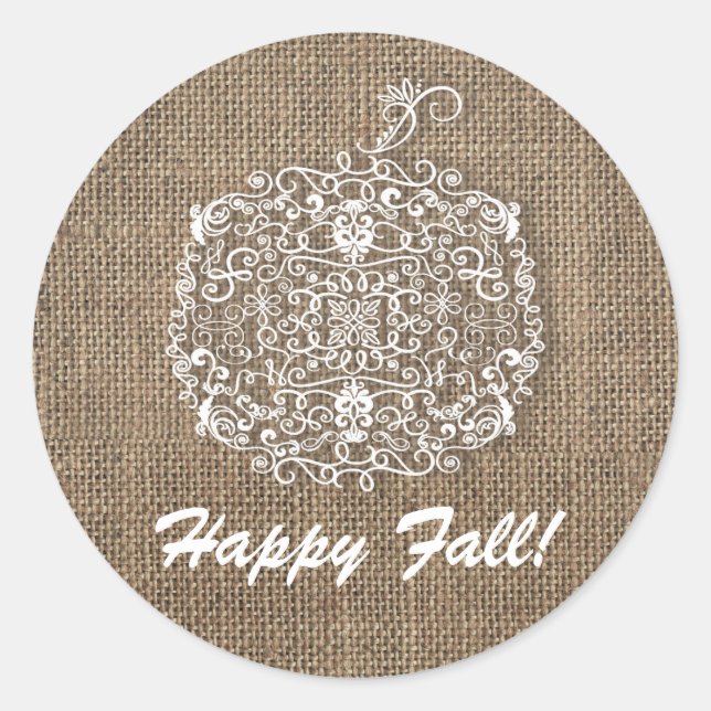 Autumn Fall Filigree Pumpkin & Burlap Favor Classic Round Sticker (Front)