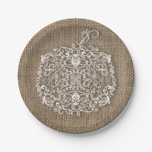 Autumn Fall Filigree Pumpkin & Burlap Party Paper Plates