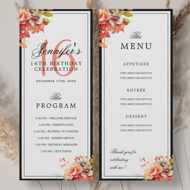 Autumn Fall Floral 16th Birthday Program Menu  (Autumn Fall Floral 16th Birthday Program Menu )