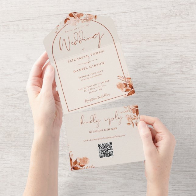 Autumn Fall Floral Arch QR Code Wedding All In One Invitation (Tearaway)