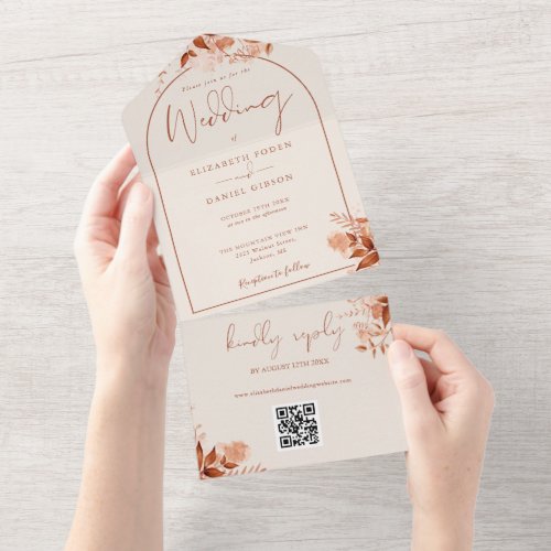 Autumn Fall Floral Arch QR Code Wedding All In One Invitation