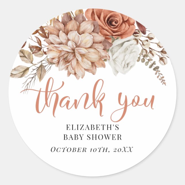 Autumn Fall Floral Baby Shower Thank You Favor Classic Round Sticker (Front)
