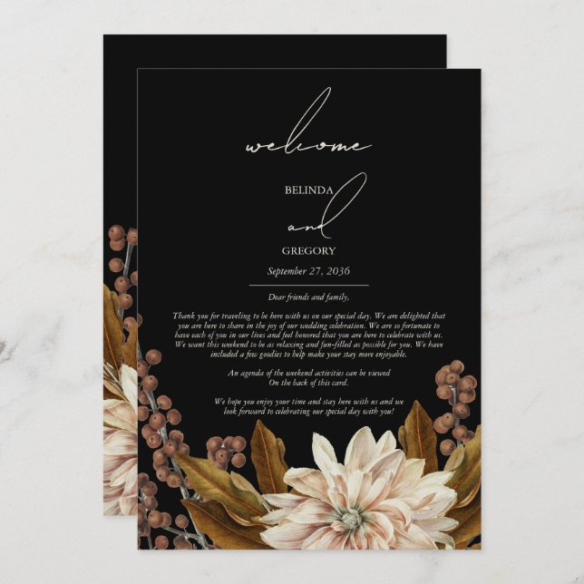 Autumn Fall Floral Black Wedding Itinerary Program (Front/Back)