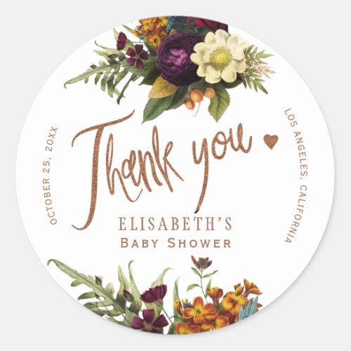 Autumn fall floral copper baby shower thank you classic round sticker