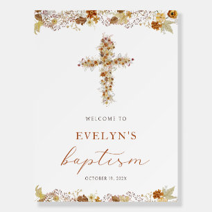 Autumn Fall Floral Cross Baptism Welcome Sign