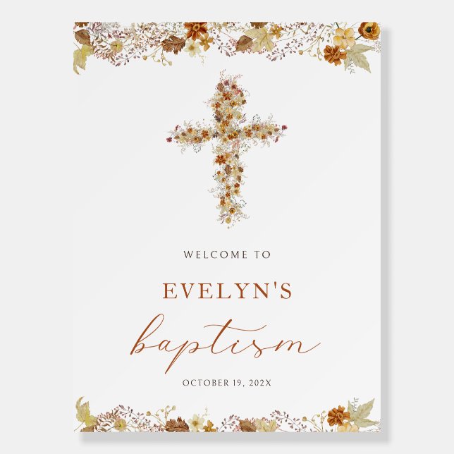 Autumn Fall Floral Cross Baptism Welcome Sign (Front)