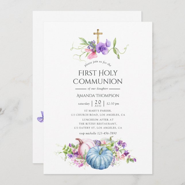Autumn - Fall Floral First Holy Communion Invitation (Front/Back)