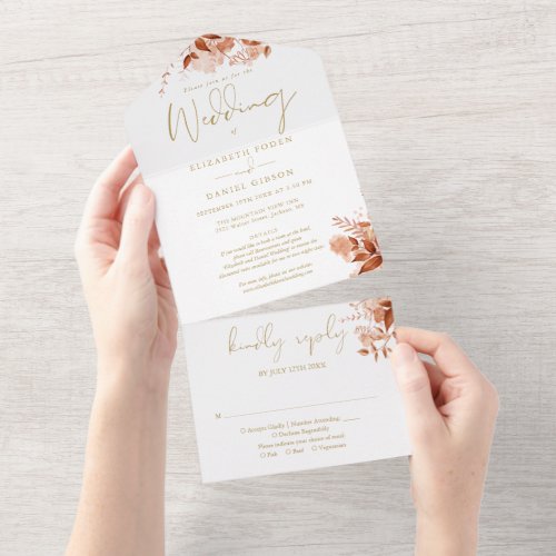 Autumn Fall Floral Gold Details RSVP Wedding All In One Invitation
