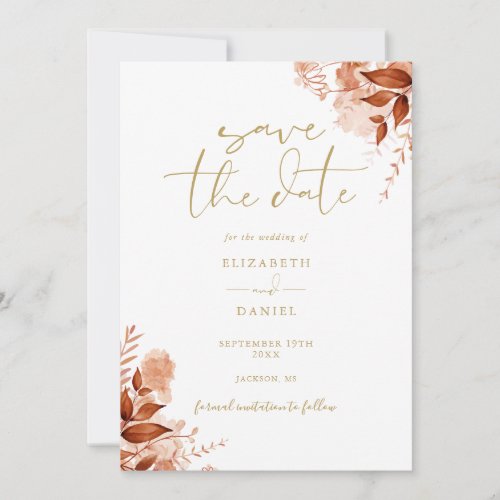 Autumn Fall Floral Gold Script Wedding Save The Date