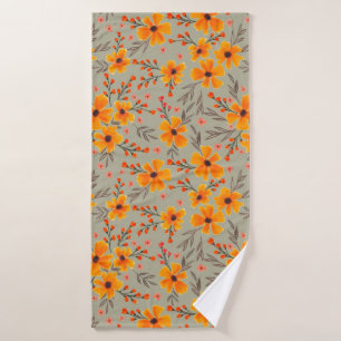 Autumn Fall Floral Pattern Sage Green Bath Towel