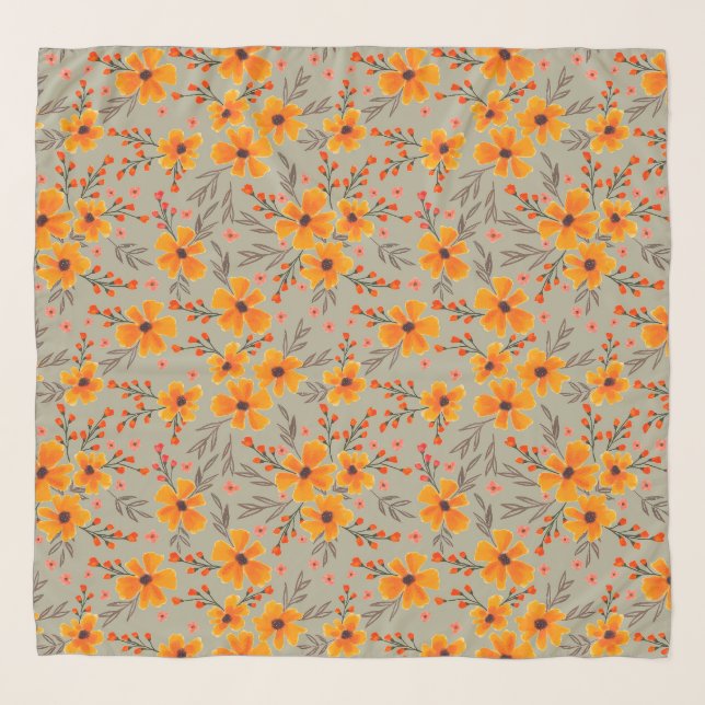 Autumn Fall Floral Pattern Sage Green  Scarf (Front)