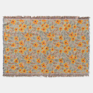 Autumn Fall Floral Pattern Sage Green Throw Blanket