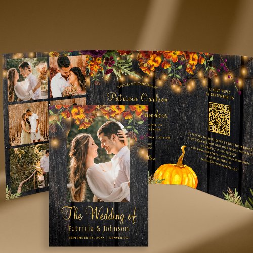 Autumn fall floral photo collage QR RSVP wedding Tri_Fold Invitation