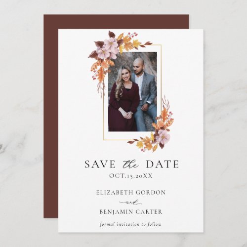 Autumn Fall Floral Photo Elegant Script Botanical Save The Date