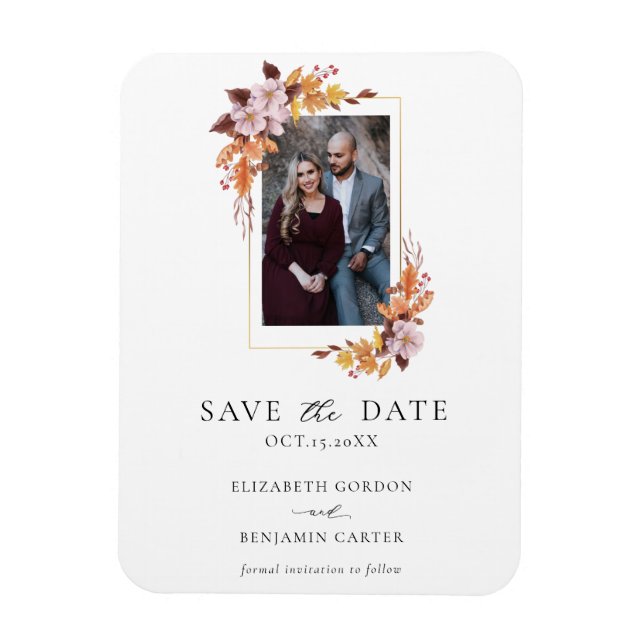 Autumn Fall Floral Photo Elegant Script Wedding Magnet (Vertical)